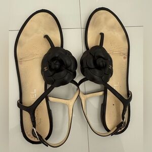 Chanel Camellia Thong Sandals Black Sz 37.5